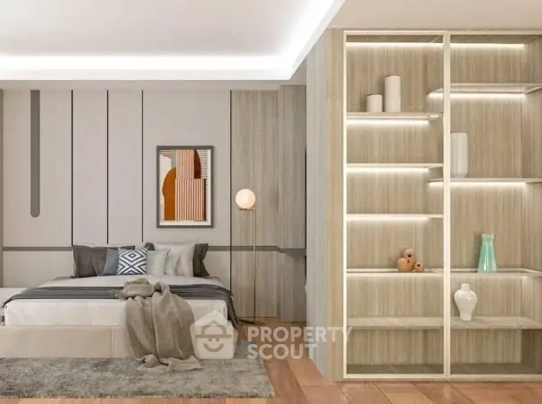 Modern bedroom with stylish decor and built-in shelving, featuring cozy lighting and contemporary artwork.