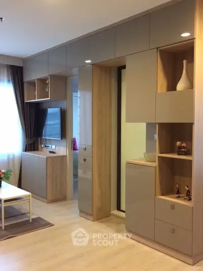 Modern living room with built-in cabinets and stylish decor