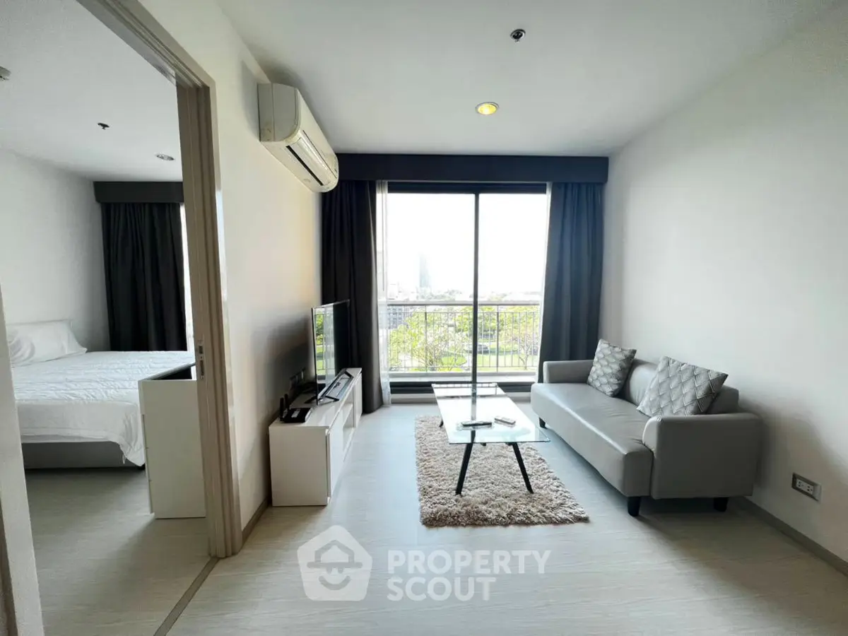 Modern living room with balcony view in a stylish apartment