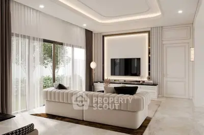 Luxurious modern living room with elegant decor and large windows