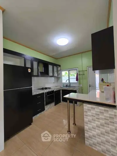 Modern kitchen with sleek black cabinets and gas stove in a cozy home setting.