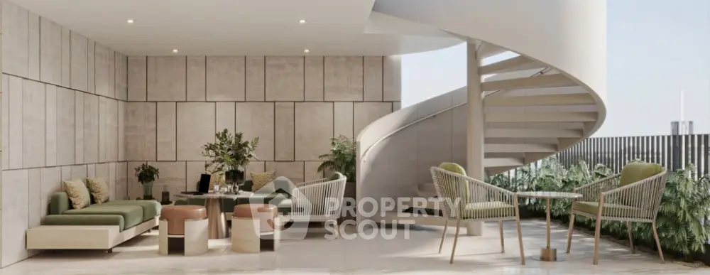 Luxurious rooftop terrace with modern spiral staircase and stylish outdoor seating.