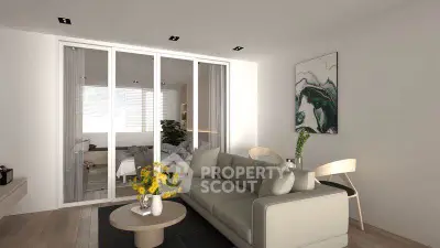 Modern living room with stylish decor and sliding glass doors leading to a cozy bedroom.