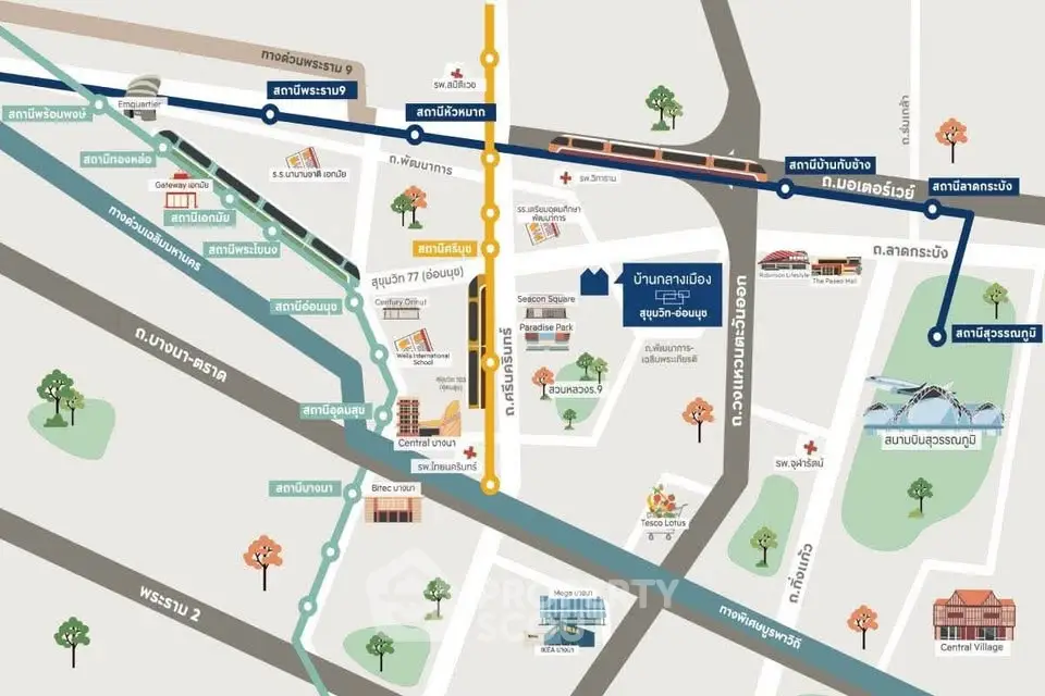 Detailed map showcasing real estate locations near transit lines and local amenities.