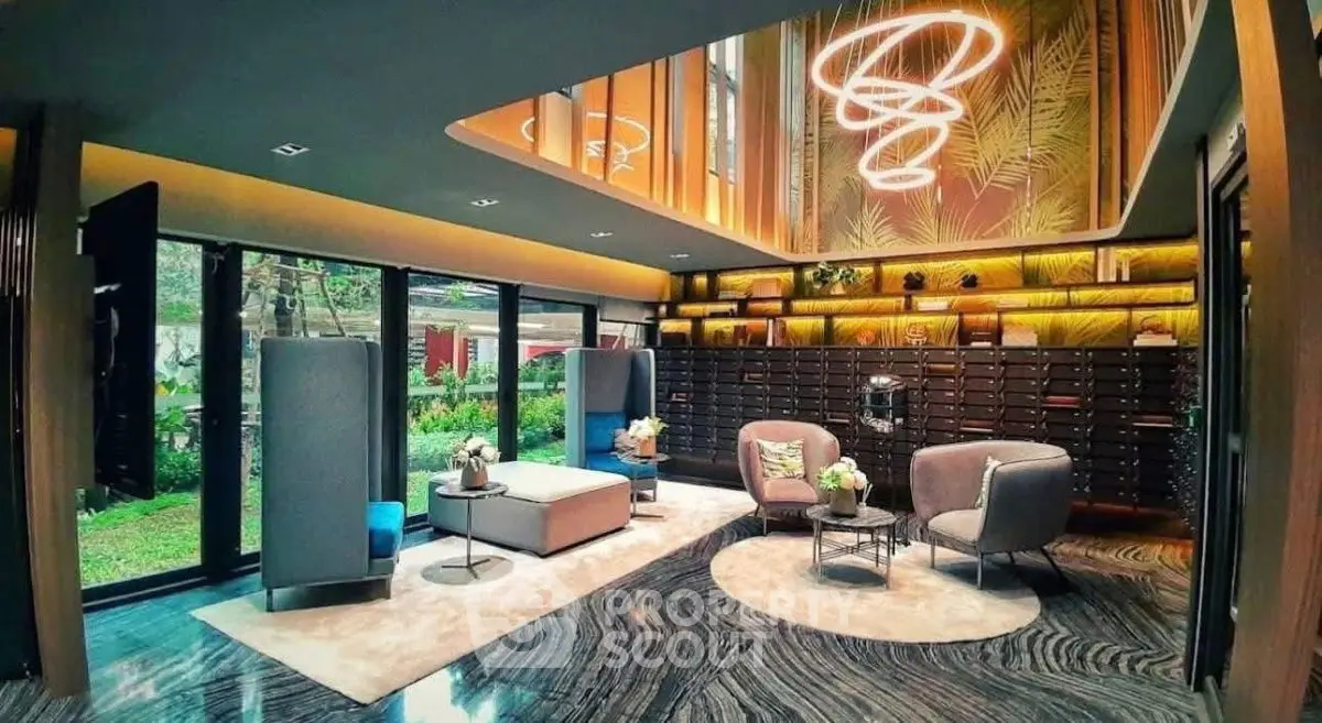 Luxurious modern living room with unique lighting and garden view, perfect blend of elegance and comfort.
