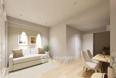 Modern living room with cozy seating and dining area, featuring elegant decor and soft lighting.