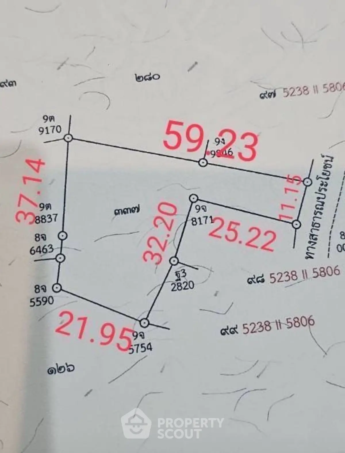 Detailed real estate plot map with measurements and coordinates for property development.