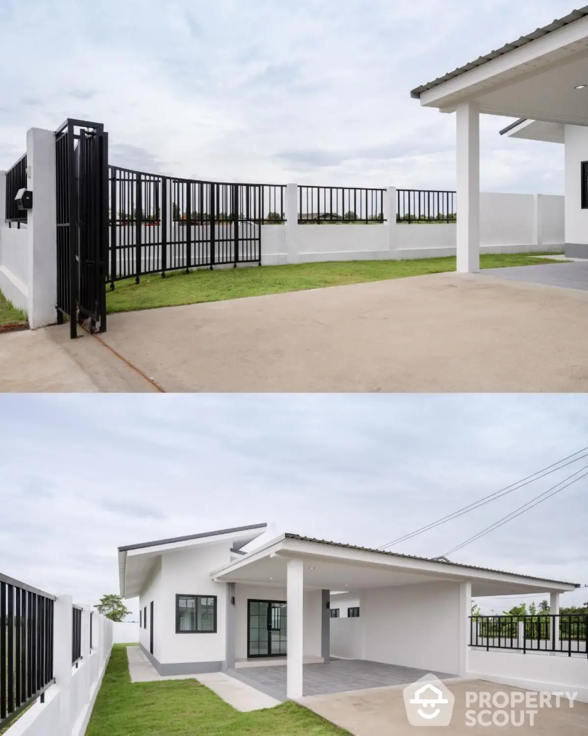 Modern single-story home with spacious driveway and sleek black gate