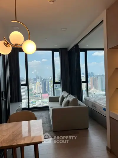 Modern living room with stunning city view and elegant lighting