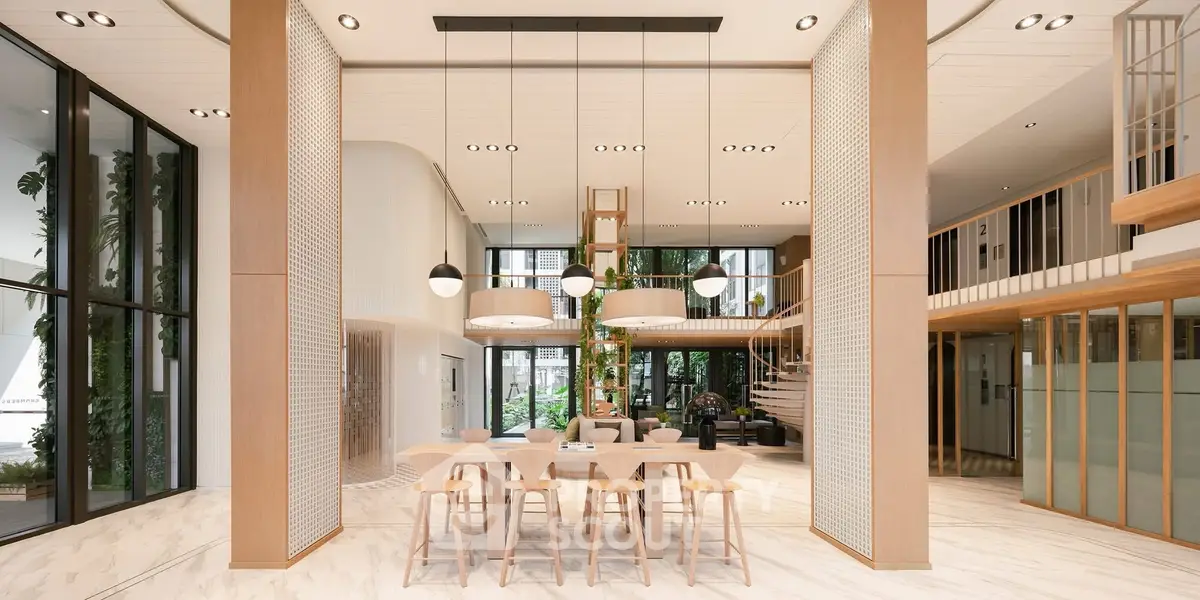 Luxurious modern living room with high ceilings and elegant dining area