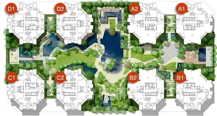 Luxurious apartment complex layout with lush gardens and serene water features.