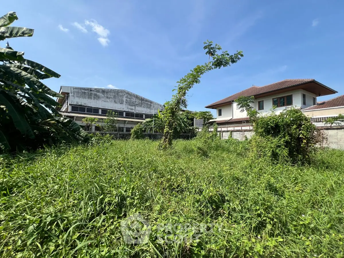 Expansive green plot with potential for development, surrounded by residential buildings under a clear blue sky.
