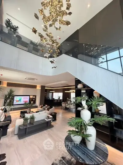 Luxurious modern living room with high ceiling and elegant decor