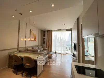 Modern living room with city view, featuring elegant dining area and cozy seating.