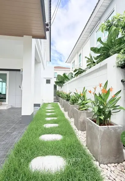 Modern house exterior with lush garden and stylish pathway