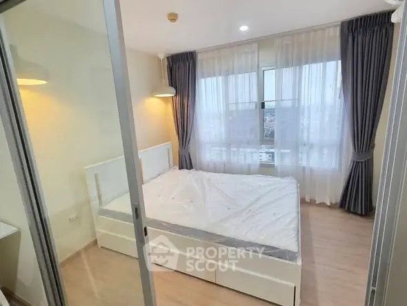 Bright and modern bedroom with large windows and stylish curtains