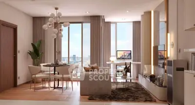 Modern living room with stylish decor and city view, featuring elegant furniture and natural light.