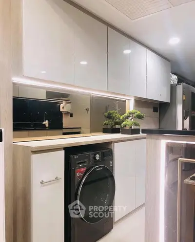 Modern kitchen with sleek cabinets and built-in washing machine