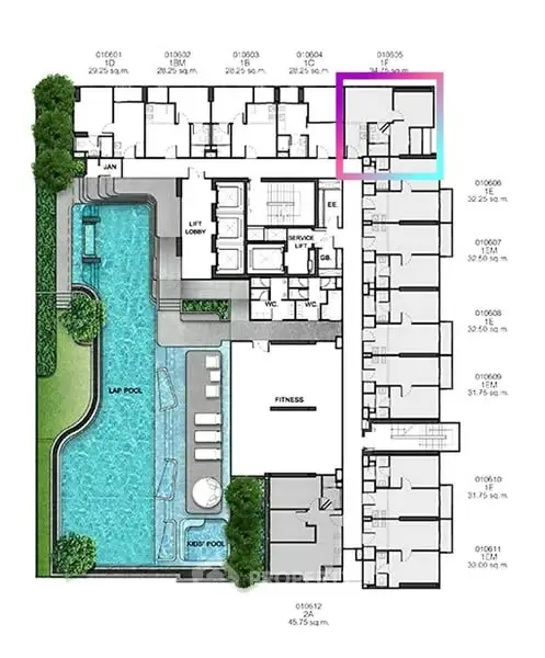Modern apartment complex floor plan with pool and fitness center.