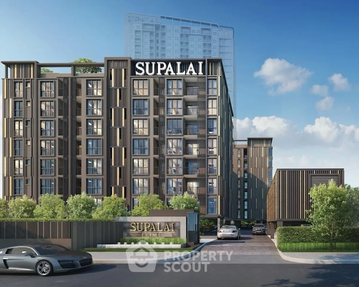 Modern condominium building with sleek design and lush greenery, perfect for urban living.