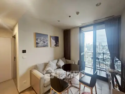 Modern living room with city view balcony in high-rise apartment