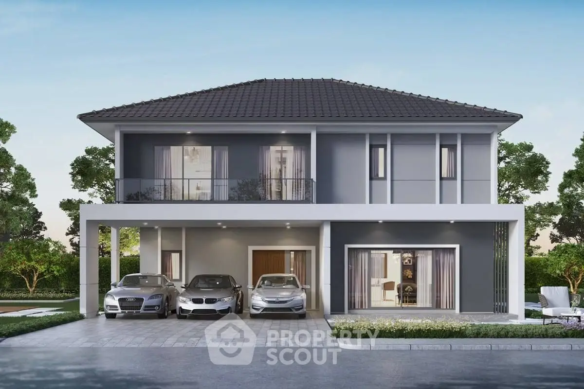 Modern two-story house with sleek design and spacious driveway