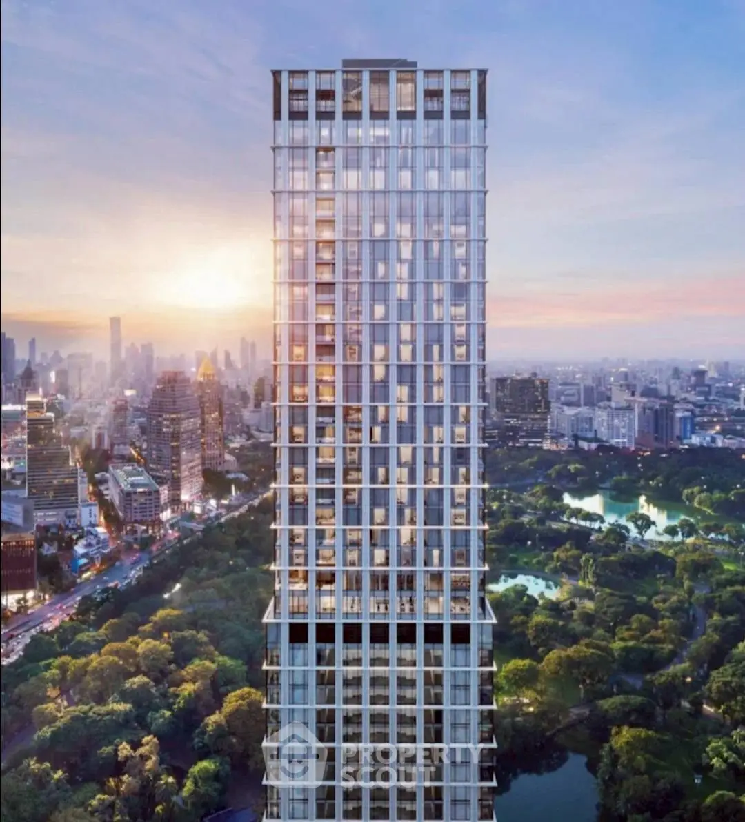 Stunning high-rise building with panoramic city and park views at sunset.