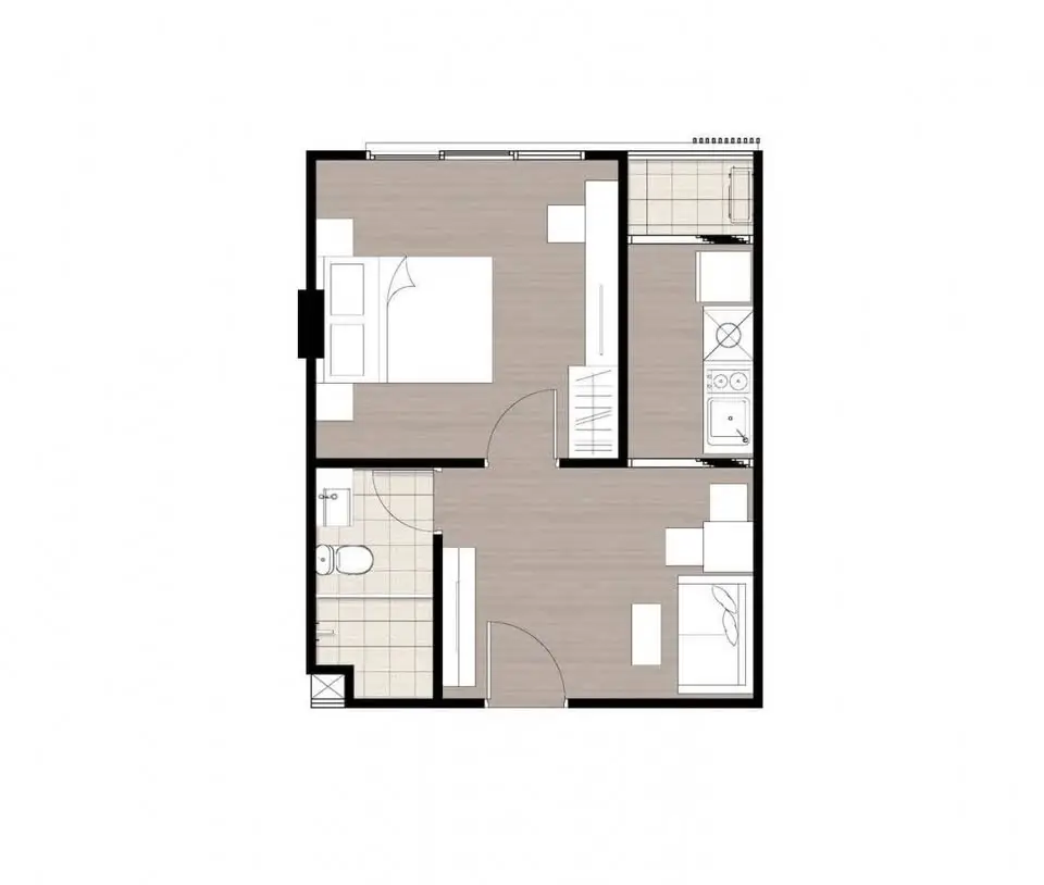 Modern apartment floor plan with one bedroom, kitchen, and bathroom layout.