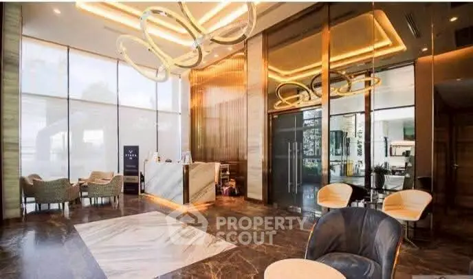 Luxurious modern lobby with elegant lighting and marble flooring