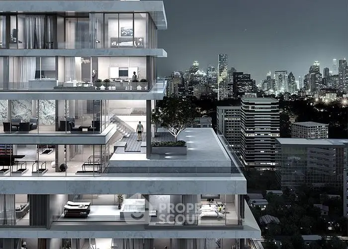 Luxurious modern high-rise building with stunning city skyline view at night.