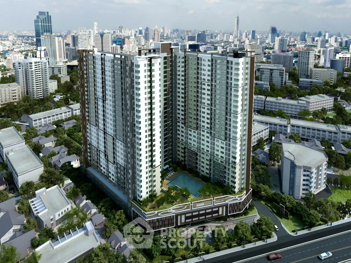 Stunning aerial view of modern high-rise condominium in bustling cityscape, featuring luxurious amenities and prime location.