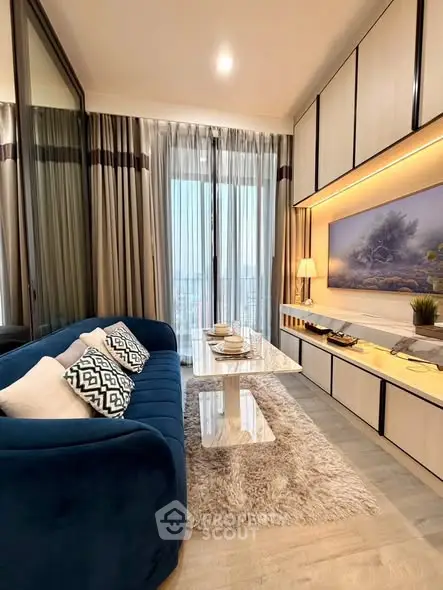 Luxurious living room with elegant decor and stunning city view