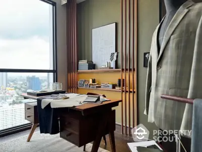 Luxurious study room with city view, elegant wooden desk, and tailored suit decor