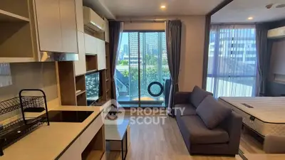 Modern living room with balcony in stylish apartment