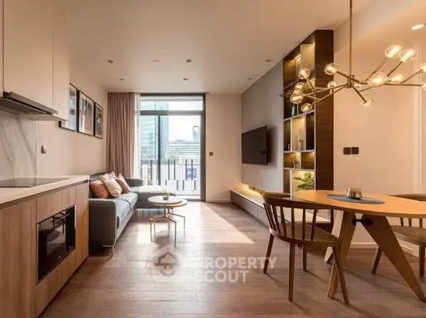Modern living room with stylish decor and city view balcony