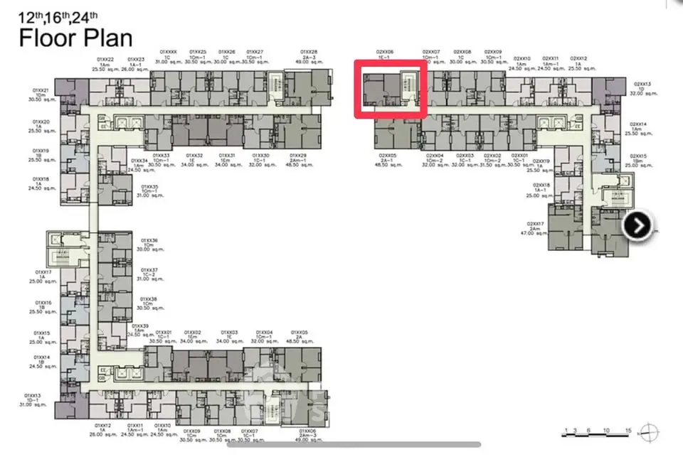 Detailed floor plan of a multi-story residential building highlighting unit layout.