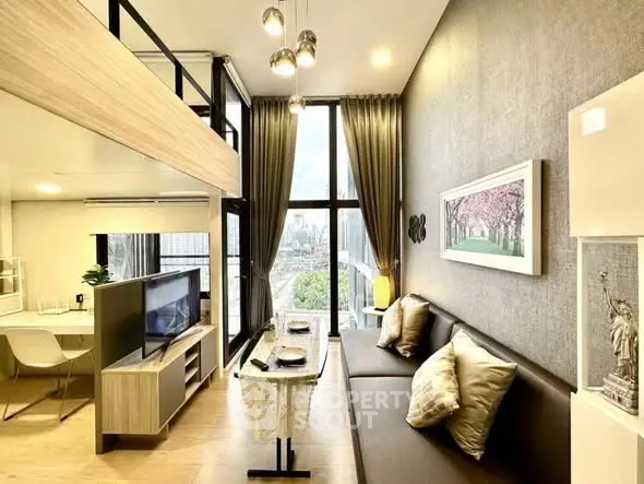 Modern living room with high ceiling and city view, featuring elegant decor and ample natural light.