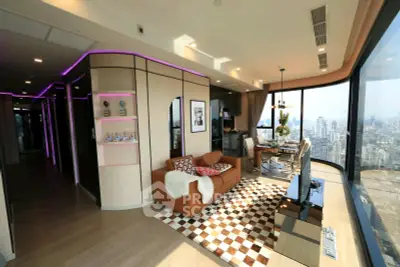 Luxurious modern living room with panoramic city view and stylish decor