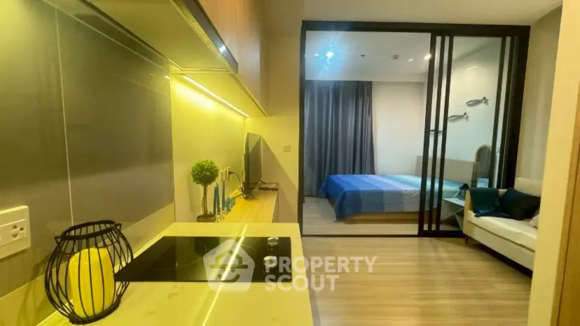 Modern studio apartment with open kitchen and cozy bedroom