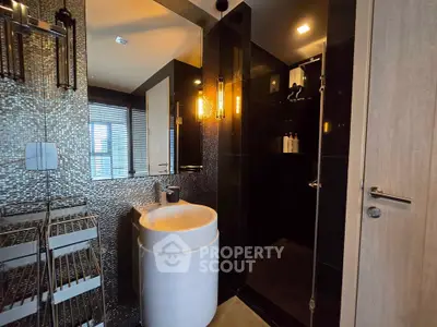 Luxurious modern bathroom with sleek design and ambient lighting