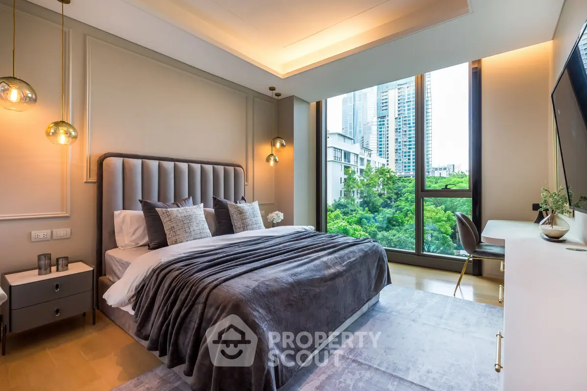 Luxurious modern bedroom with large windows and stunning city view