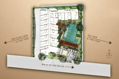 Luxurious beachfront property schematic with mountain and sea views, 300m to beach.