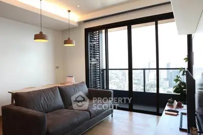Modern living room with city view and stylish decor