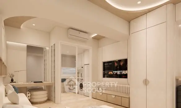 Modern living room with sleek design, integrated appliances, and stylish decor