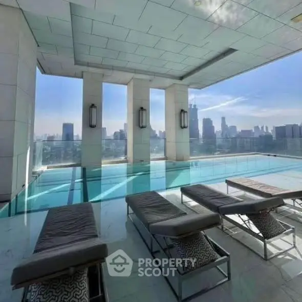 Luxurious rooftop pool with stunning city skyline view, perfect for relaxation and entertainment.