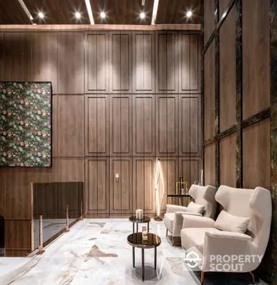 Luxurious modern living room with elegant wood paneling and plush seating