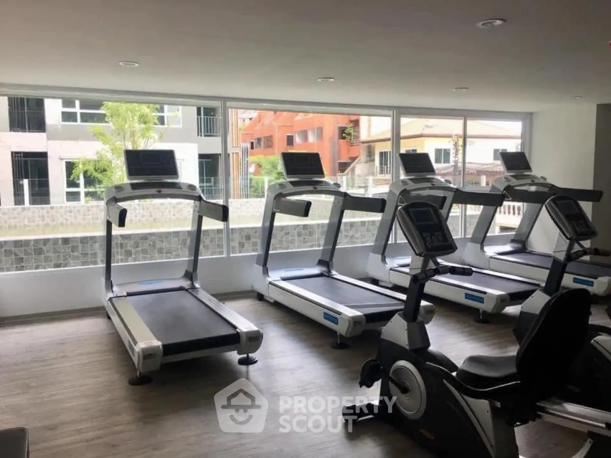 Modern gym with treadmills and exercise bike in a bright room with large windows.