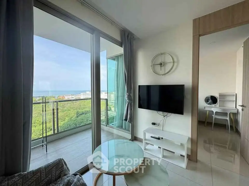 Modern living room with balcony and scenic view in a stylish apartment