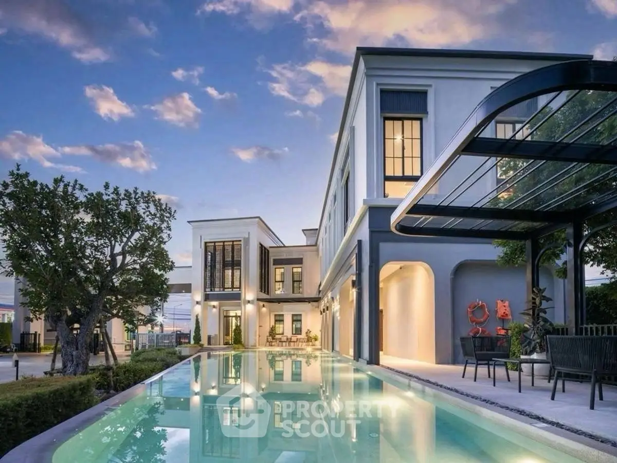 Luxurious modern villa with stunning pool and elegant architecture at sunset.
