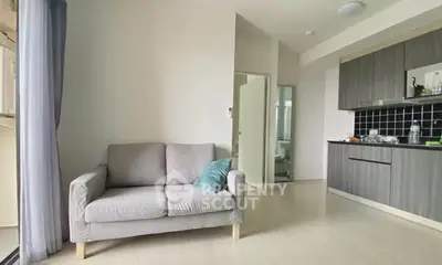 Modern open-layout living room with sleek kitchen and cozy sofa, perfect for urban living.